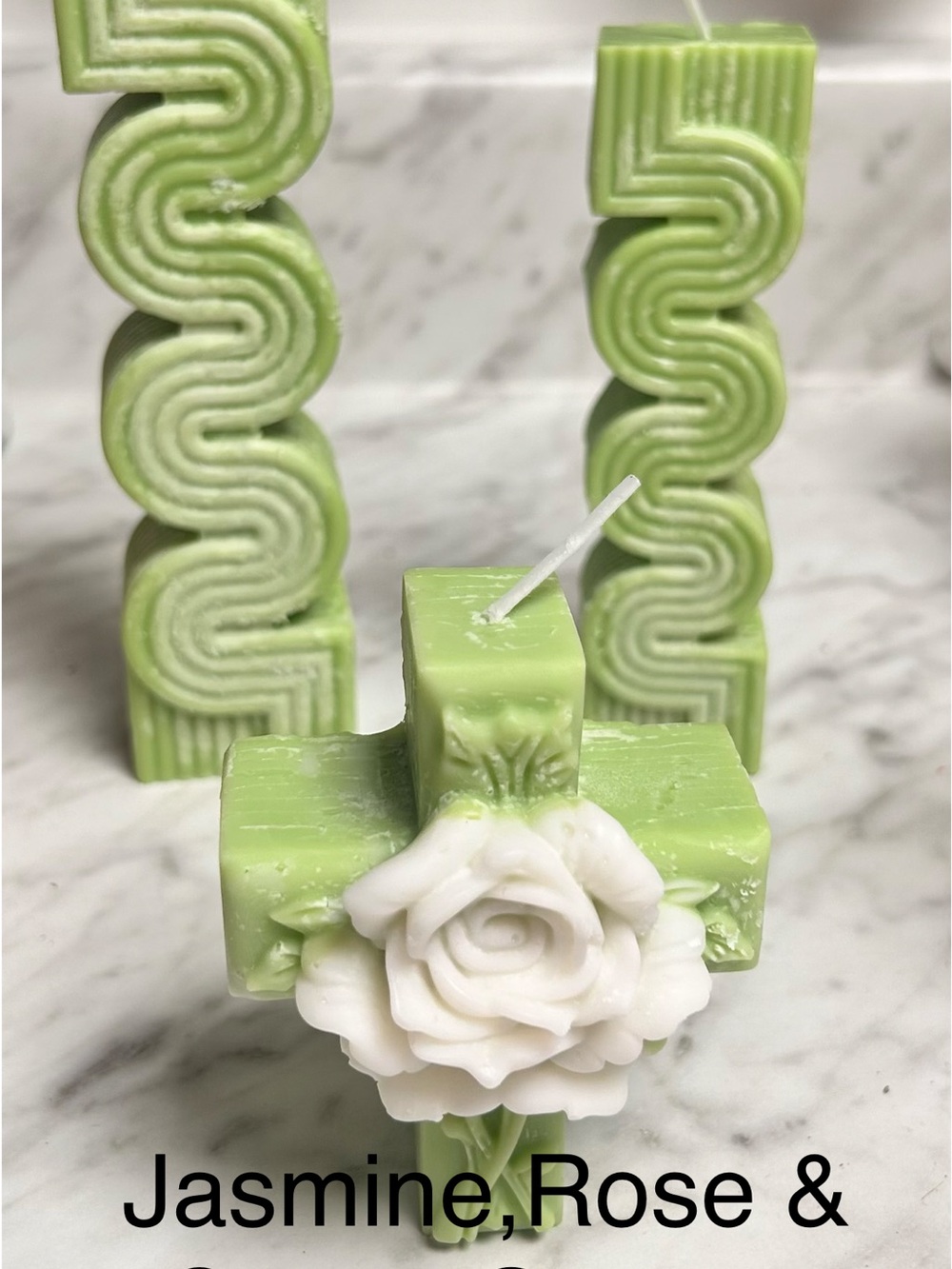 Hand Crafted Green and White Floral Cross Candle - Jasmine & Rose Accent